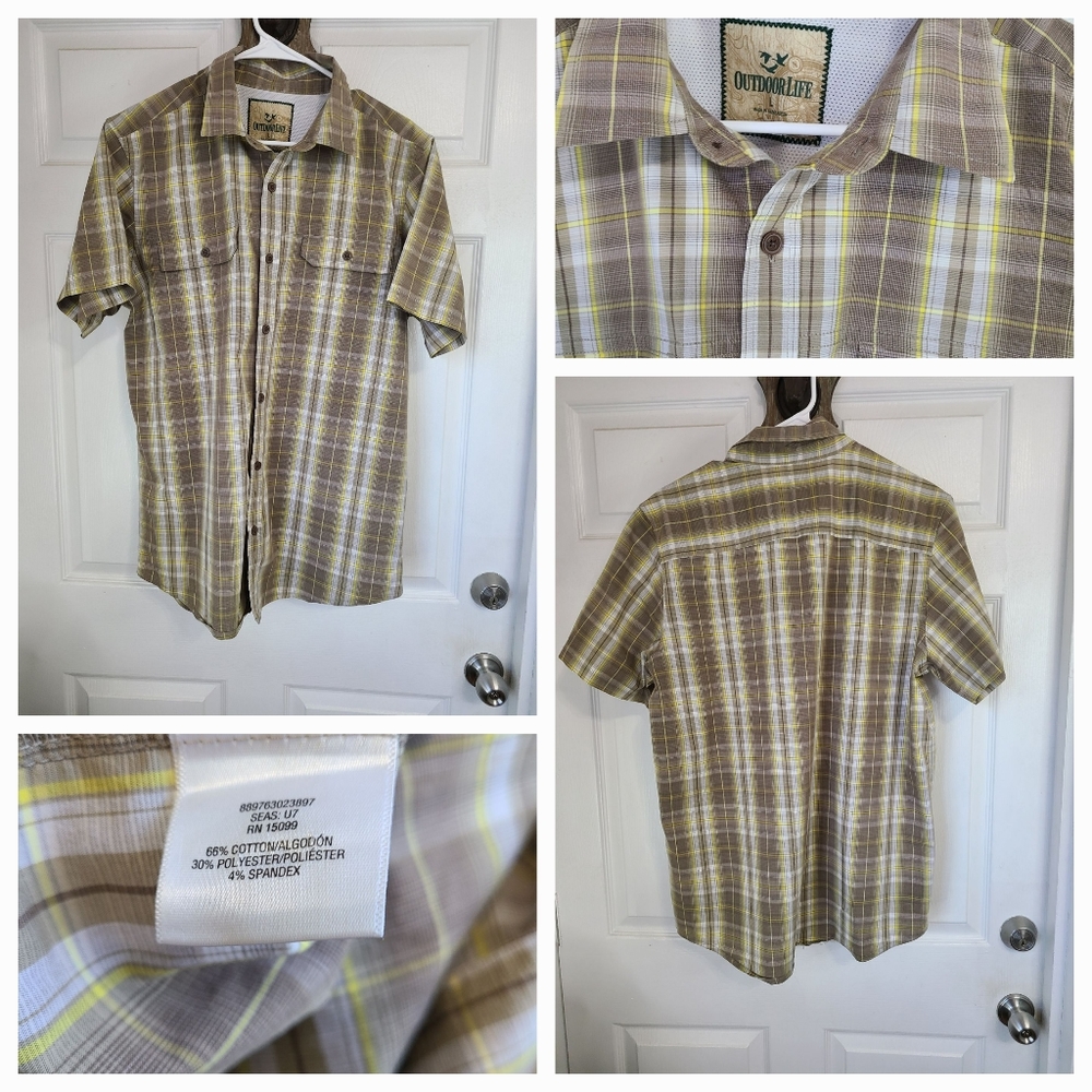 0068 Outdoor Life Men's Short Sleeve Button Down Shirt, Size: Large Color: Brown